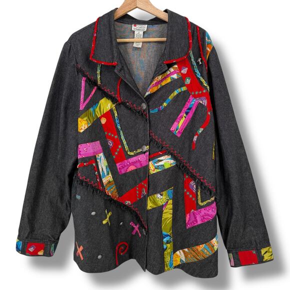 Spirit by Sandy Starkman Denim Jacket Plus Size 3X Patchwork Art To Wear Artsy - Picture 1 of 6